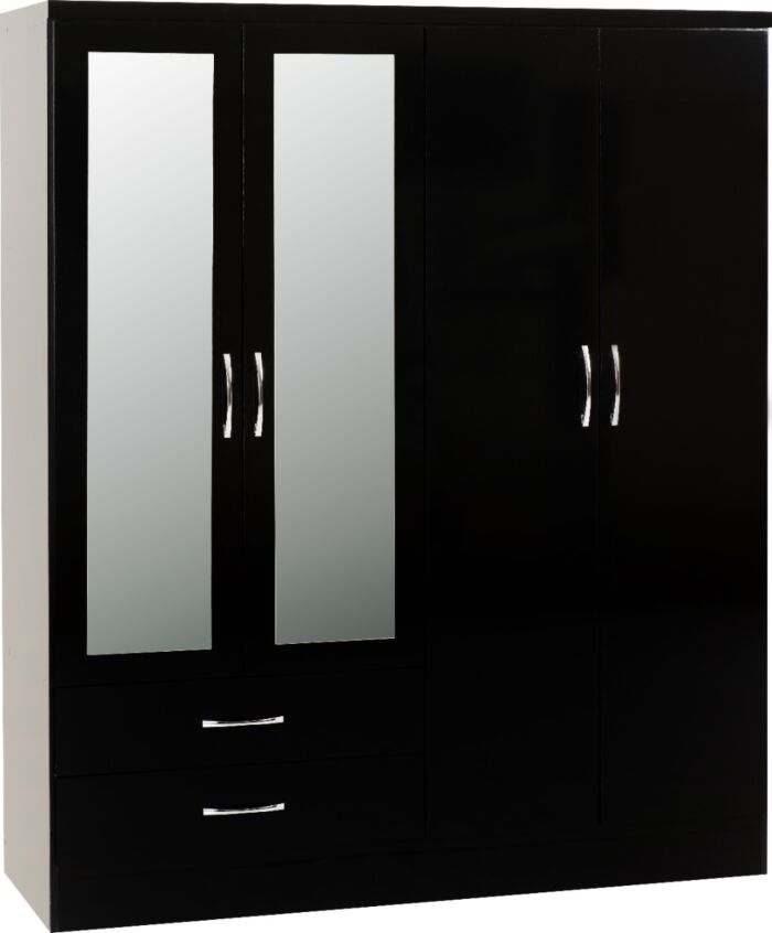 Nevada 4 Door 2 Drawer Wardrobe - Black Gloss