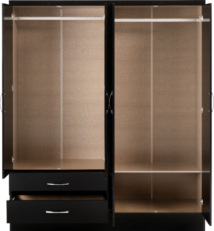 Nevada 4 Door 2 Drawer Wardrobe - Black Gloss