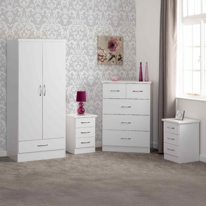 Nevada 2 Door 1 Drawer Wardrobe Bedroom Set White Gloss