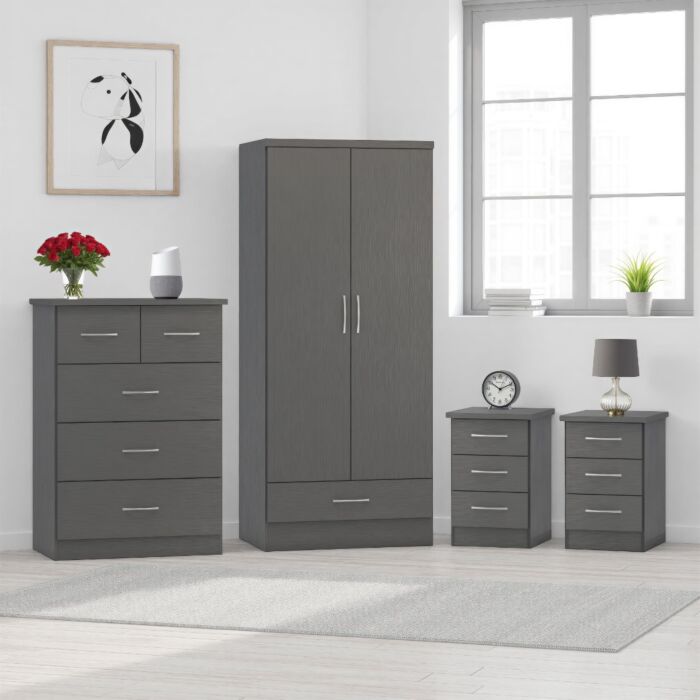Nevada 2 Door 1 Drawer Wardrobe Bedroom Set - 3D Effect Grey