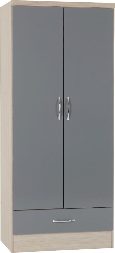 Nevada 2 Door 1 Drawer Wardrobe Bedroom Set - Grey Gloss/Light Oak Effect Veneer