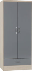 Nevada 2 Door 1 Drawer Wardrobe Bedroom Set - Grey Gloss/Light Oak Effect Veneer