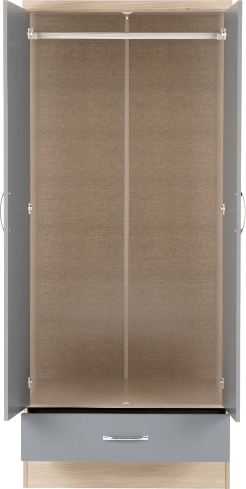 Nevada 2 Door 1 Drawer Wardrobe Bedroom Set - Grey Gloss/Light Oak Effect Veneer