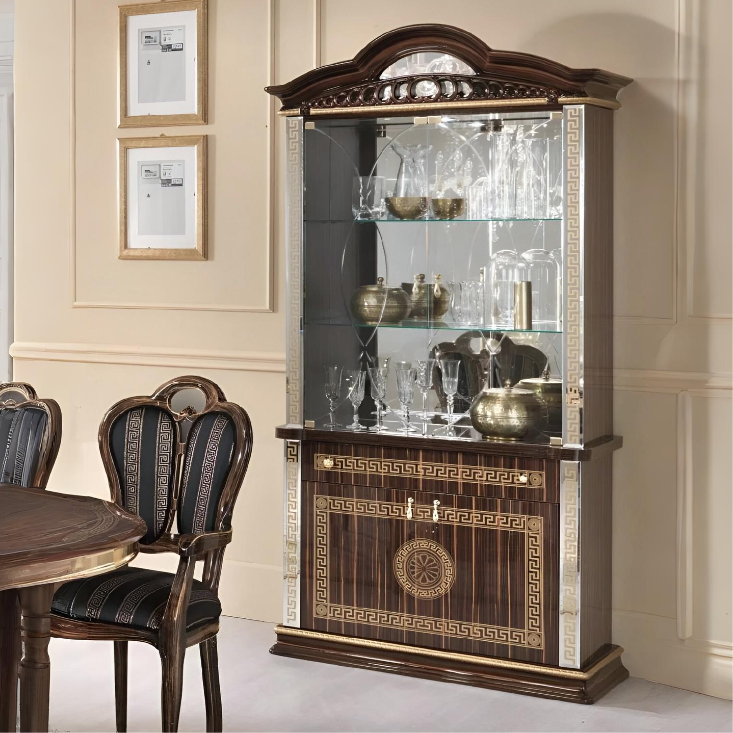 NEW VENUS ITALIAN WALNUT/GOLD ITALIAN HIGH GLOSS 2 DOOR DISPLAY CABINEt BEN COMPANY