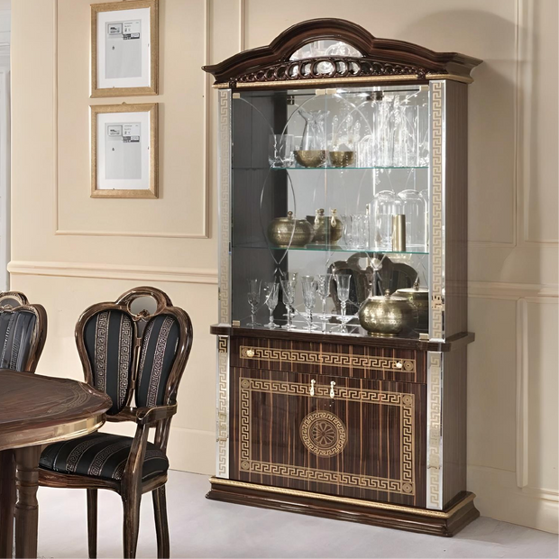NEW VENUS ITALIAN WALNUT/GOLD ITALIAN HIGH GLOSS 2 DOOR DISPLAY CABINEt BEN COMPANY