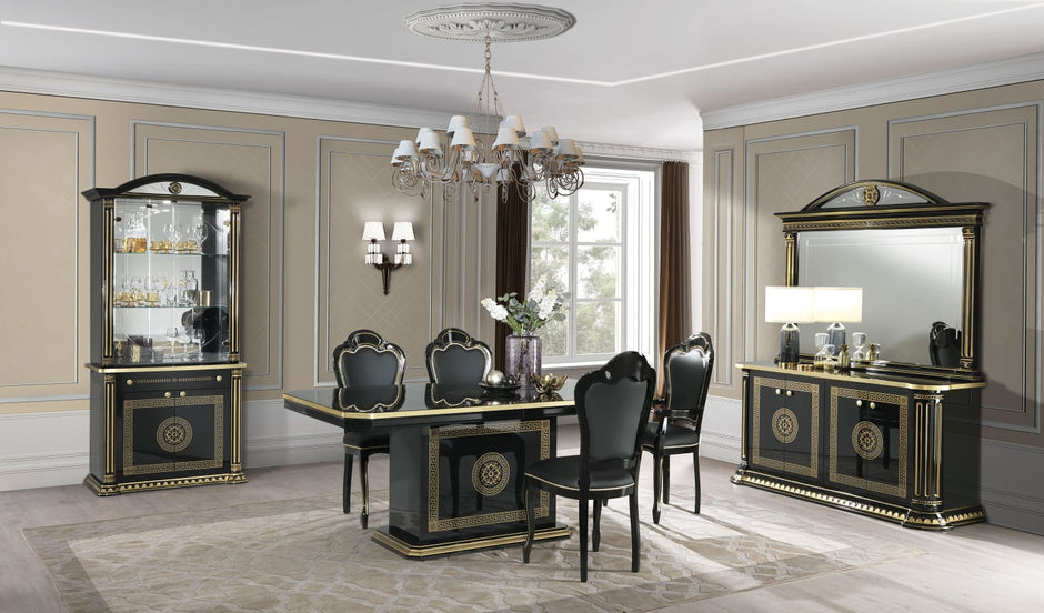 H2O Design Aurora Italian Large Ext-Dining Table Black /Gold + 6 Chairs
