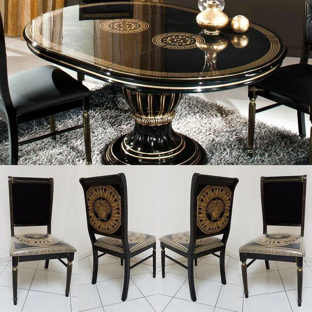 H2O Design Rossela Italian High Gloss Black-Gold Round Dining Table & 4 fabric Medusa Head/Chairs