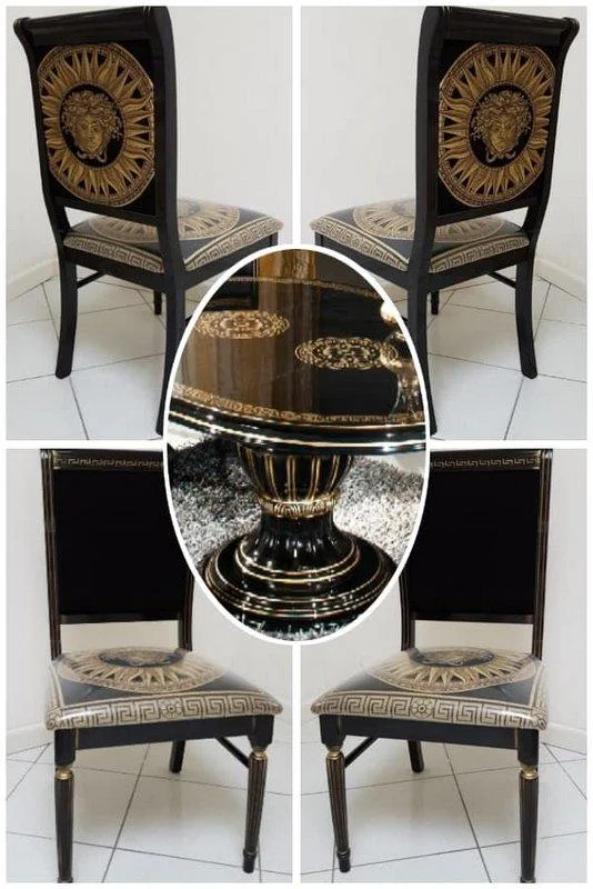 H2O Design Rossela Italian High Gloss Black-Gold Round Dining Table & 4 fabric Medusa Head/Chairs
