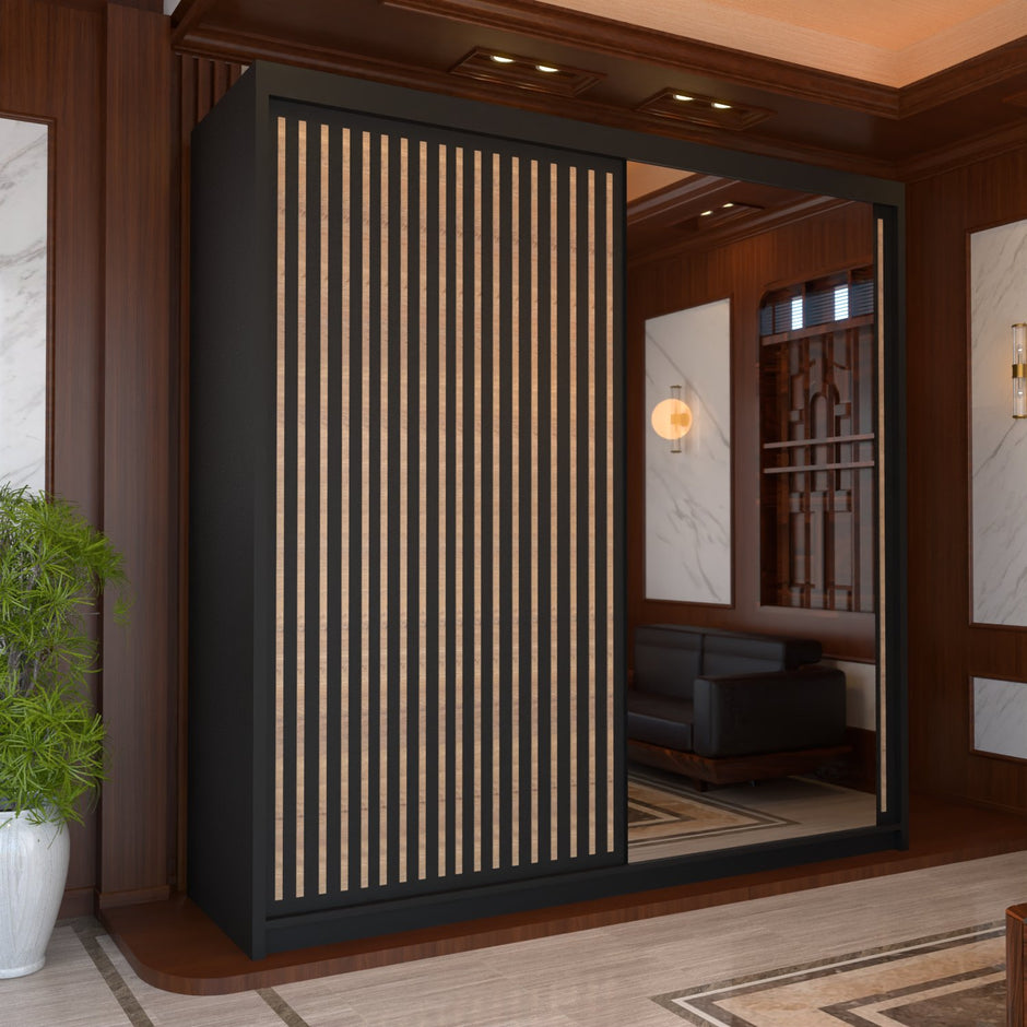 Royal Sliding Wardrobes Black 2 Door Minimalist Wide Mirrored Wardrobe 150cm