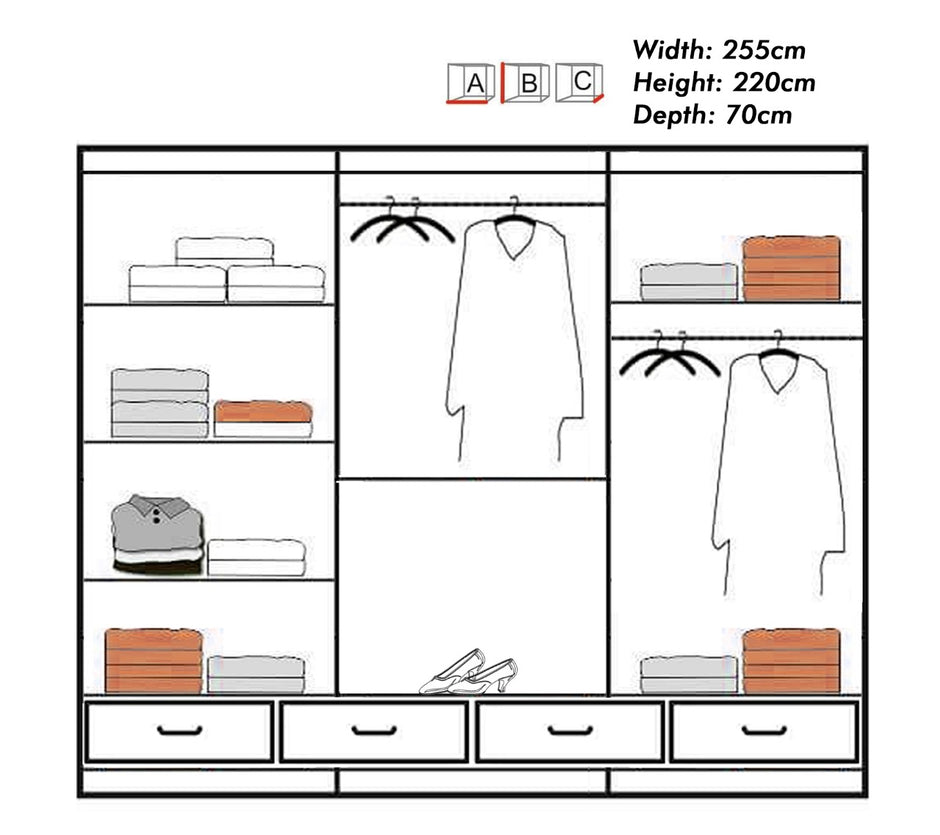 Sycylia Black High Gloss 3 Doors 4 Drawer Sliding Wardrobe 255cm