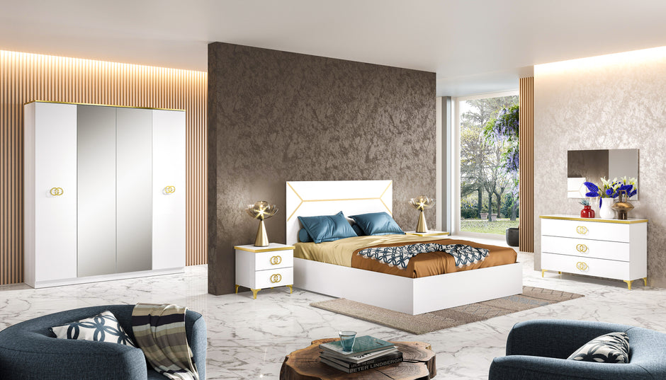 Ben Company Modern Vera White-Gold High Gloss Italian Bedroom Set with 4 Door Wardrobe