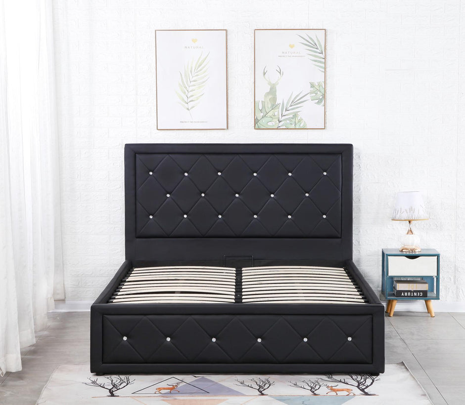 Alice Ottoman PU Faux leather Bed Frames With Faux leather Diamonte Head board