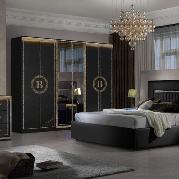 New Billionaire  With LED Lights High Gloss Italian Bedroom Set 6 Door wardrobe