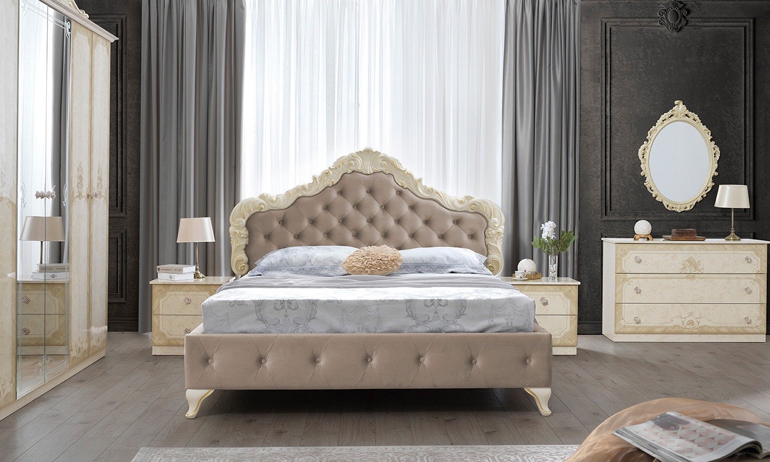 New Beautiful Adele Italian Large 6 Doors Bedroom Set Beige-gold Colour