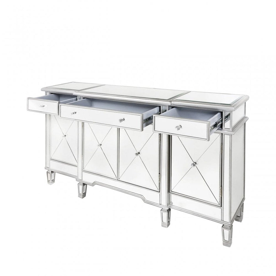 Beaumont Mirrored Silver Trim 3 Drawer 4 Door Sideboard Cabinet