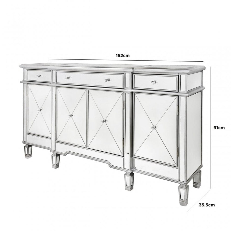 Beaumont Mirrored Silver Trim 3 Drawer 4 Door Sideboard Cabinet