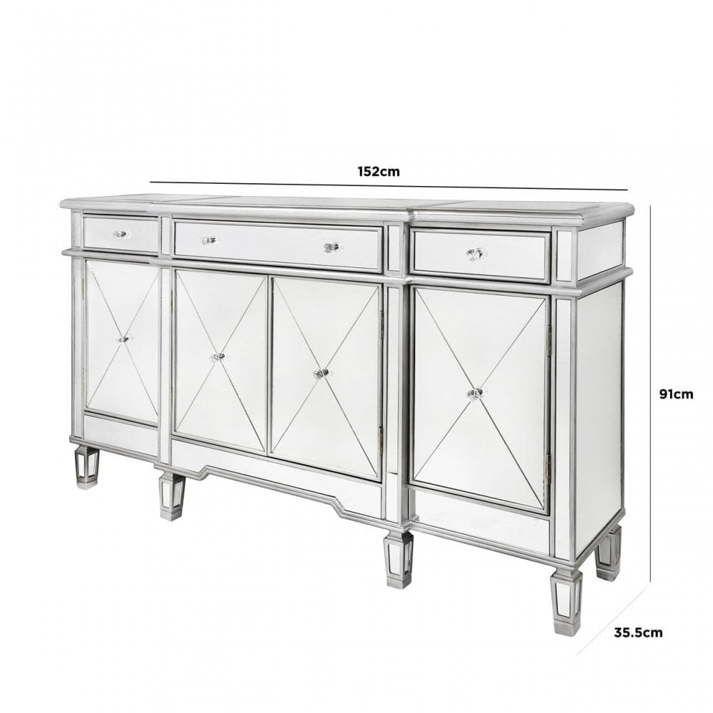 Beaumont Mirrored Silver Trim 3 Drawer 4 Door Sideboard Cabinet