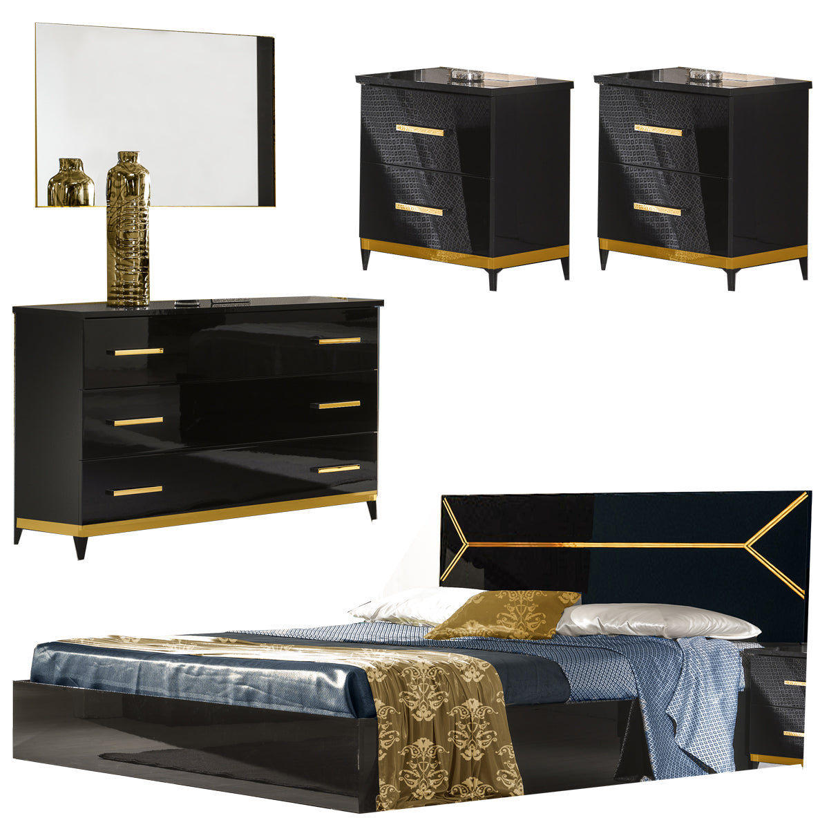 Elegance Modern Style Italian High Gloss Double Bed+ Bedroom Set Ben Company