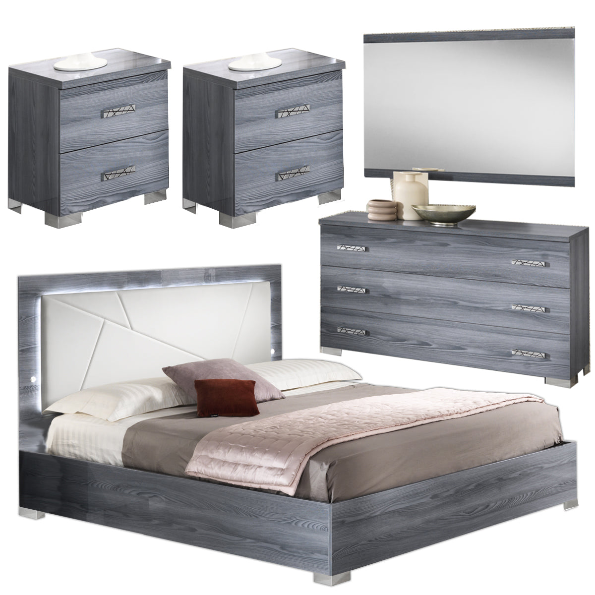 BEN COMPANY New Nicole Grey Padded HeadBoard High Gloss Italian Bedroom Set