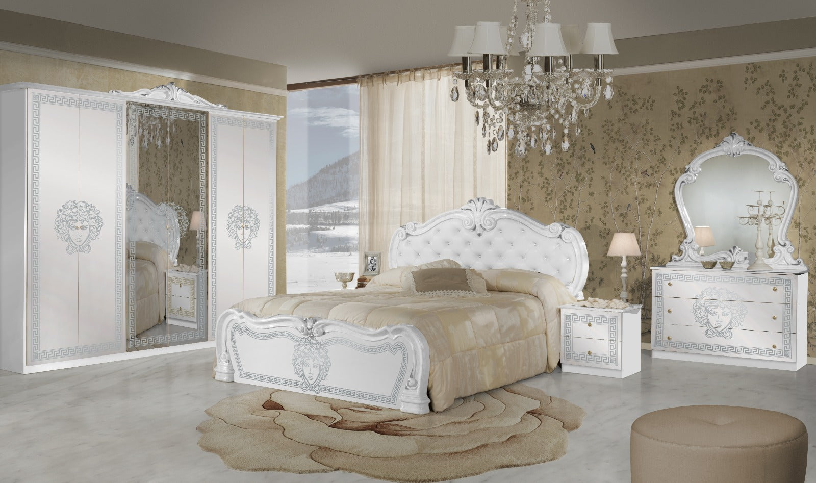 VILMA MEDUSA FACE ITALIAN 4 DOORS LARGE BEDROOM SET SPECIAL OFFER WHITE/GOLD