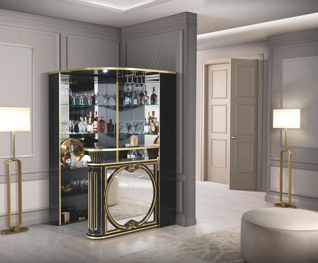 Tiffanie Italian Luxury High Gloss Black-Gold Corner Bar unit H2O Design