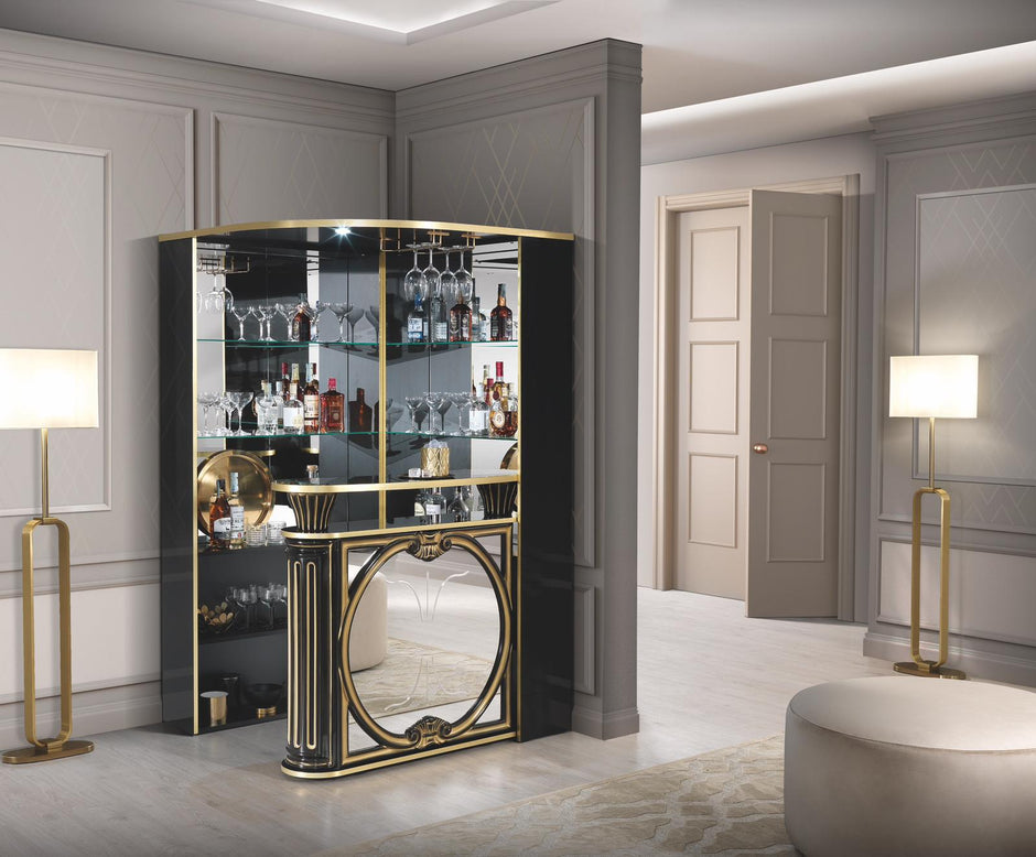 H2O Design Tiffanie Italian Luxury High Gloss Beige & Gold Eco Leather Corner Bar Unit