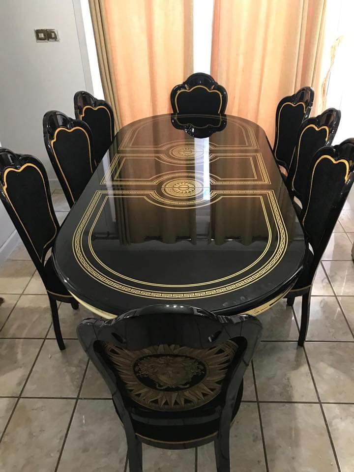 VENUS ITALIAN HIGH GLOSS EXTEND-DINING TABLE B-GOLD+ 6 MEDUSA FACE HEAD CHAIRS