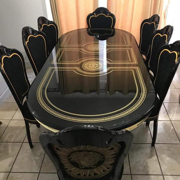 VENUS ITALIAN HIGH GLOSS EXTEND-DINING TABLE B-GOLD+ 6 MEDUSA FACE HEAD CHAIRS