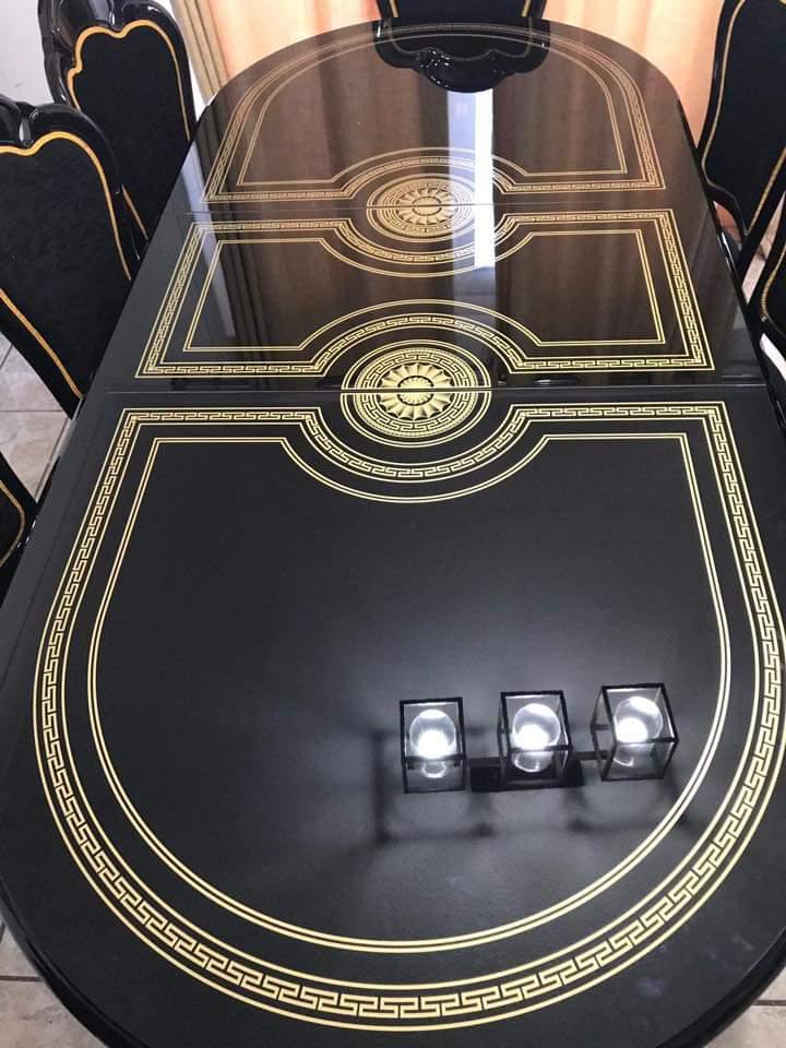 VENUS ITALIAN HIGH GLOSS EXTEND-DINING TABLE B-GOLD+ 6 MEDUSA FACE HEAD CHAIRS