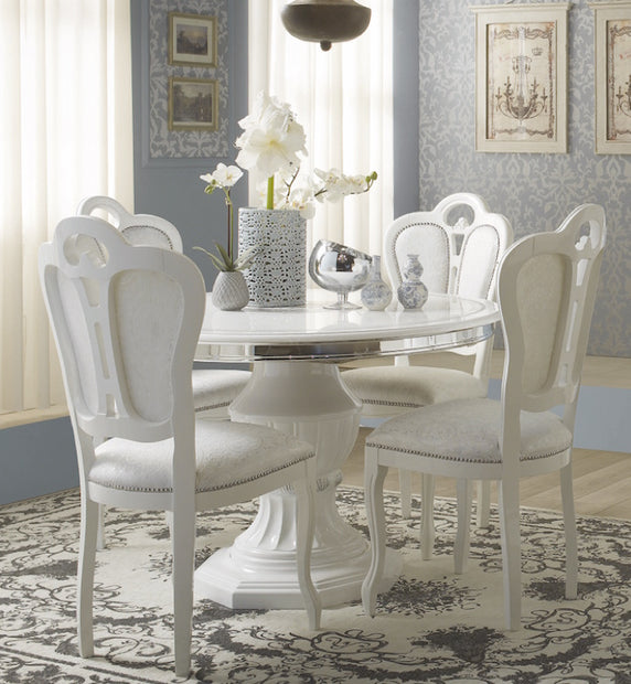 GRETA ITALIAN WHITE & SILVER HIGH GLOSS DINING TABLE WITH EXTENSION & 4 CHAIRS