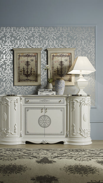 Greta Luxury Italian 4 Door Sideboard/Buffet with diamanté insert White/Silver