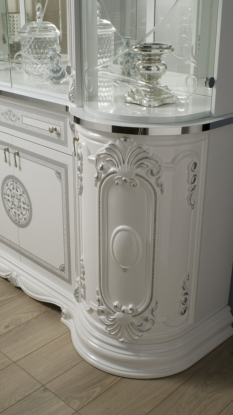 Greta Luxury Italian 4 Door Sideboard/Buffet with diamanté insert White/Silver