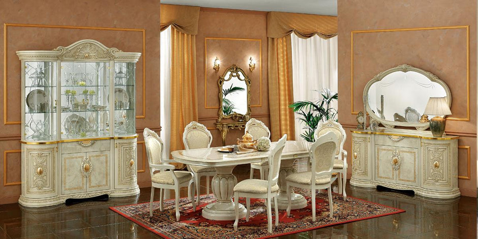 Camel Group Leonardo Italian High Gloss Ivory/Gold Oval Extension Dining Table with 6 Chairs