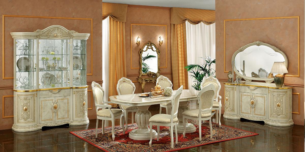 Camel Group Leonardo Italian High Gloss Ivory/Gold Oval Extension Dining Table with 6 Chairs