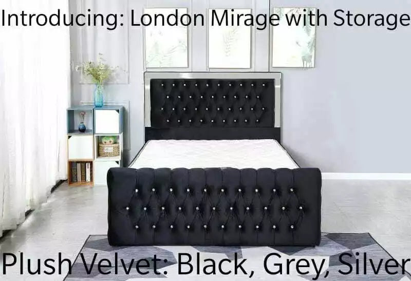 London Ottoman Storage Plush Velvet Mirror Headboard + USB Charging Port
