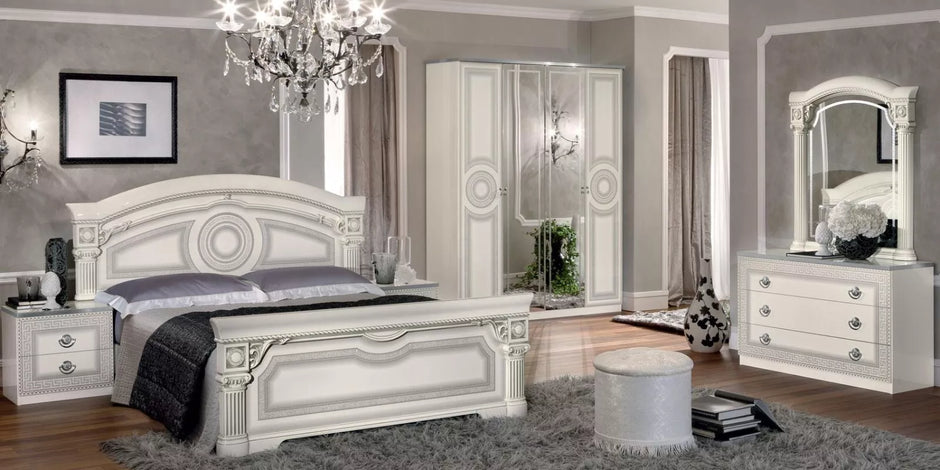 Aida Original High Lacquer Italian 4Doors White-Silver Bedroom Set Camel Group