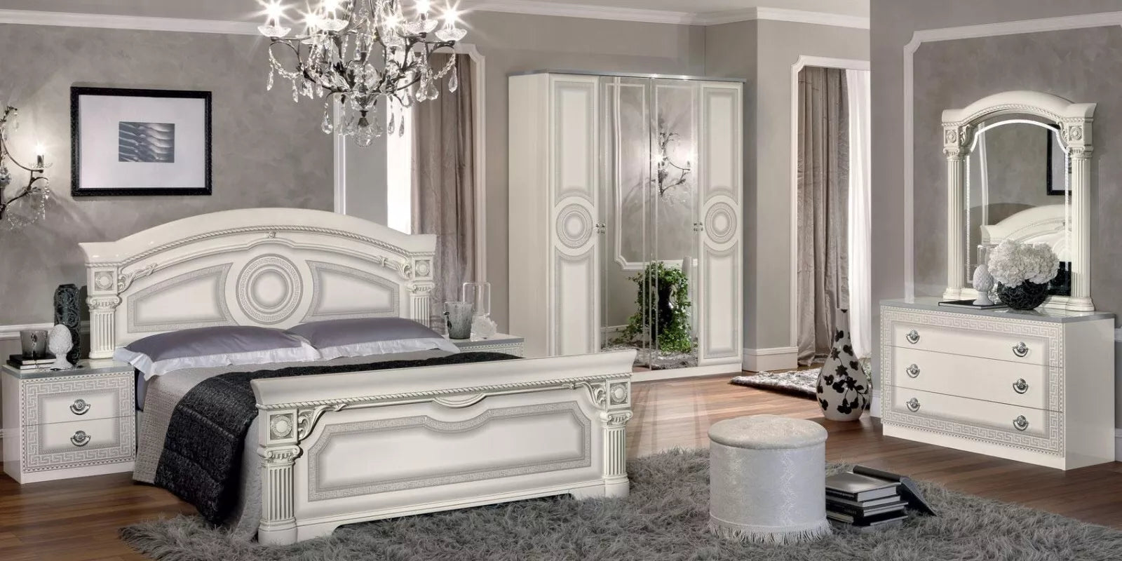 Aida Original High Lacquer Italian 4Doors White-Silver Bedroom Set Camel Group