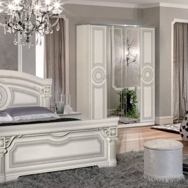 Aida Original High Lacquer Italian 4Doors White-Silver Bedroom Set Camel Group