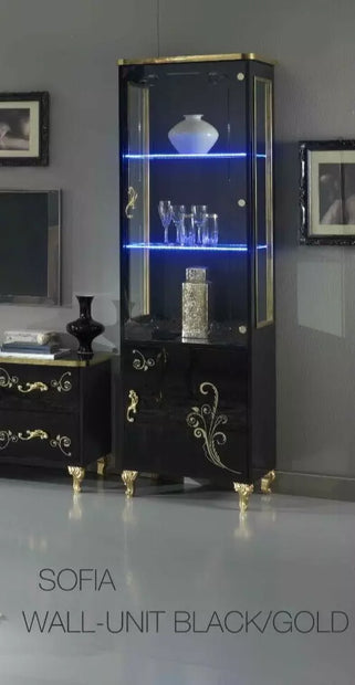 Sofia Italian 1 Door High Gloss Vetrine/Display Unit Black/Gold by Ben Company