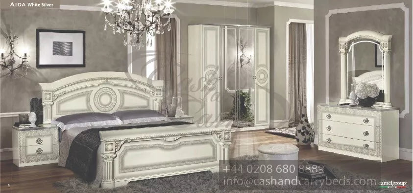 Aida Original High Lacquer Italian 4Doors White-Silver Bedroom Set Camel Group