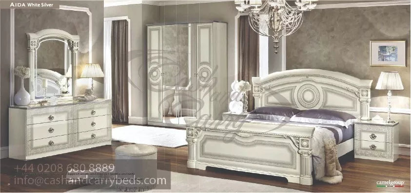 Aida Original High Lacquer Italian 4Doors White-Silver Bedroom Set Camel Group