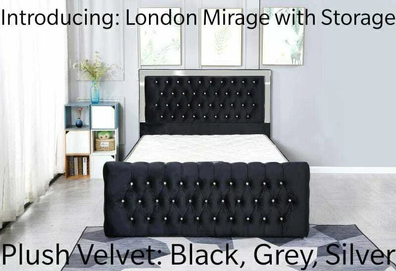 Plush Velvet Chesterfield Mirrored Headboard Style Gas Lift Storage Bed Frame