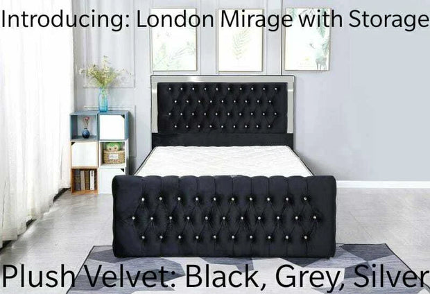 Plush Velvet Chesterfield Mirrored Headboard Style Gas Lift Storage Bed Frame
