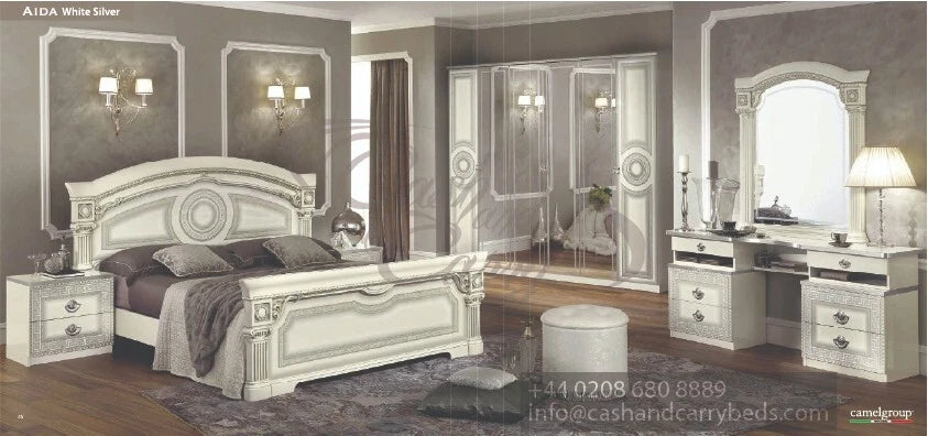 Aida Original High Lacquer Italian 4Doors White-Silver Bedroom Set Camel Group