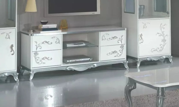 Daniela Italian White/Silver TV Unit Modern Luxury Italian Furniture Ben Company