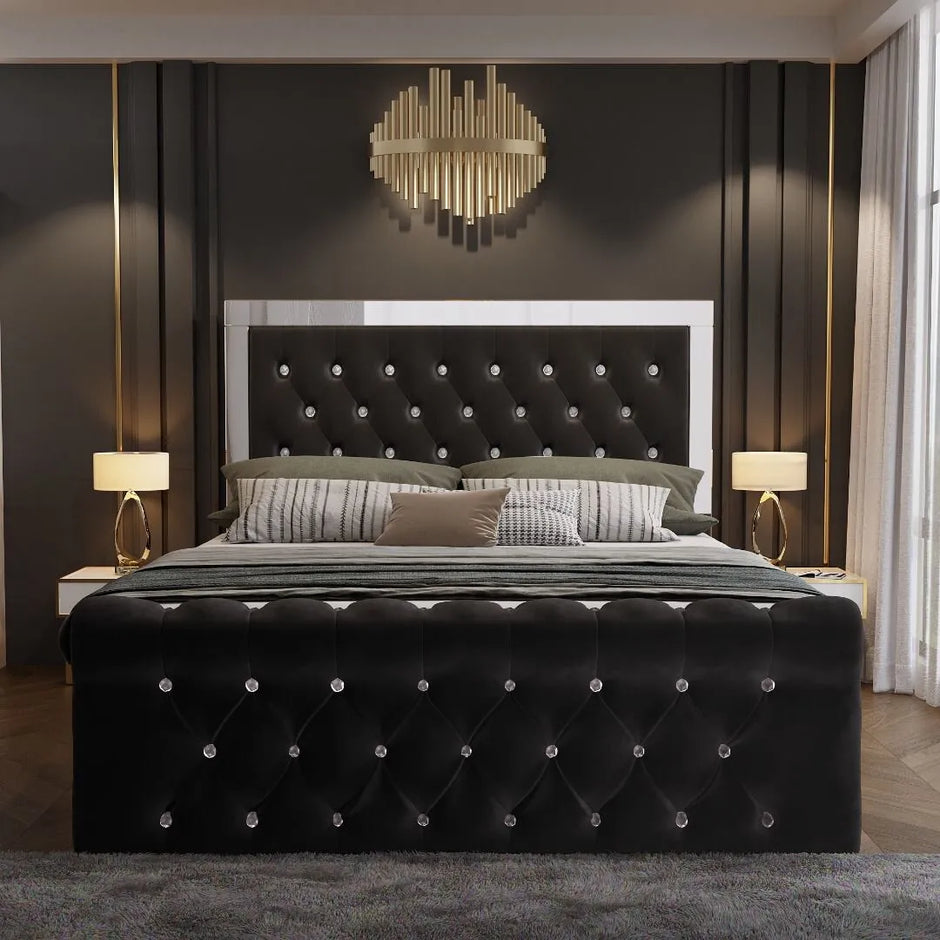 London Ottoman Storage Plush Velvet Mirror Headboard + USB Charging Port