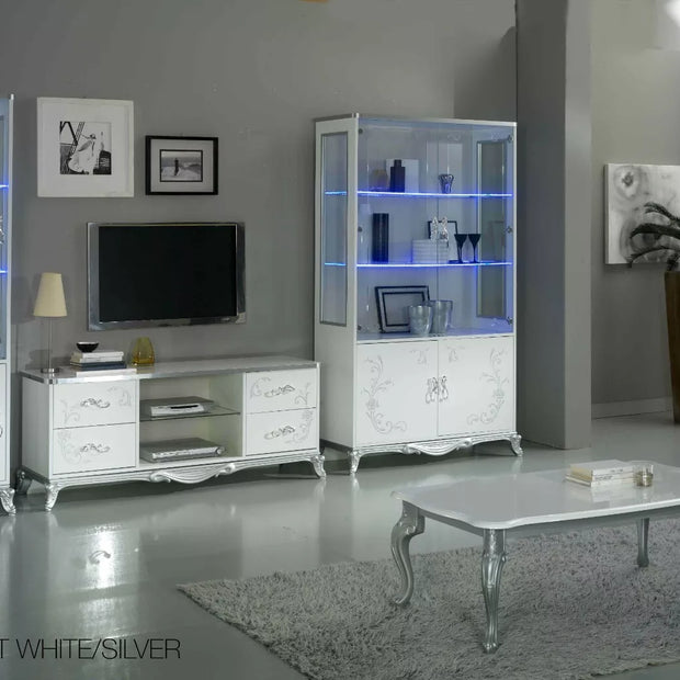 Daniela Italian White/Silver TV Unit Modern Luxury Italian Furniture Ben Company