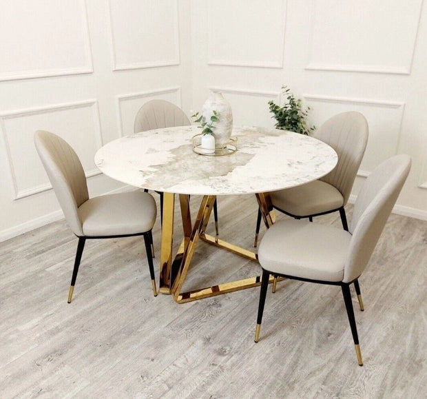 Nero Luxury Italian 1.3m Round White Marble Stone Gold Dining Table
