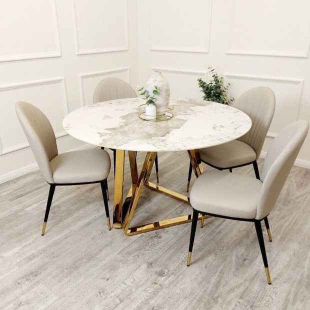 Nero Luxury Italian 1.3m Round White Marble Stone Gold Dining Table