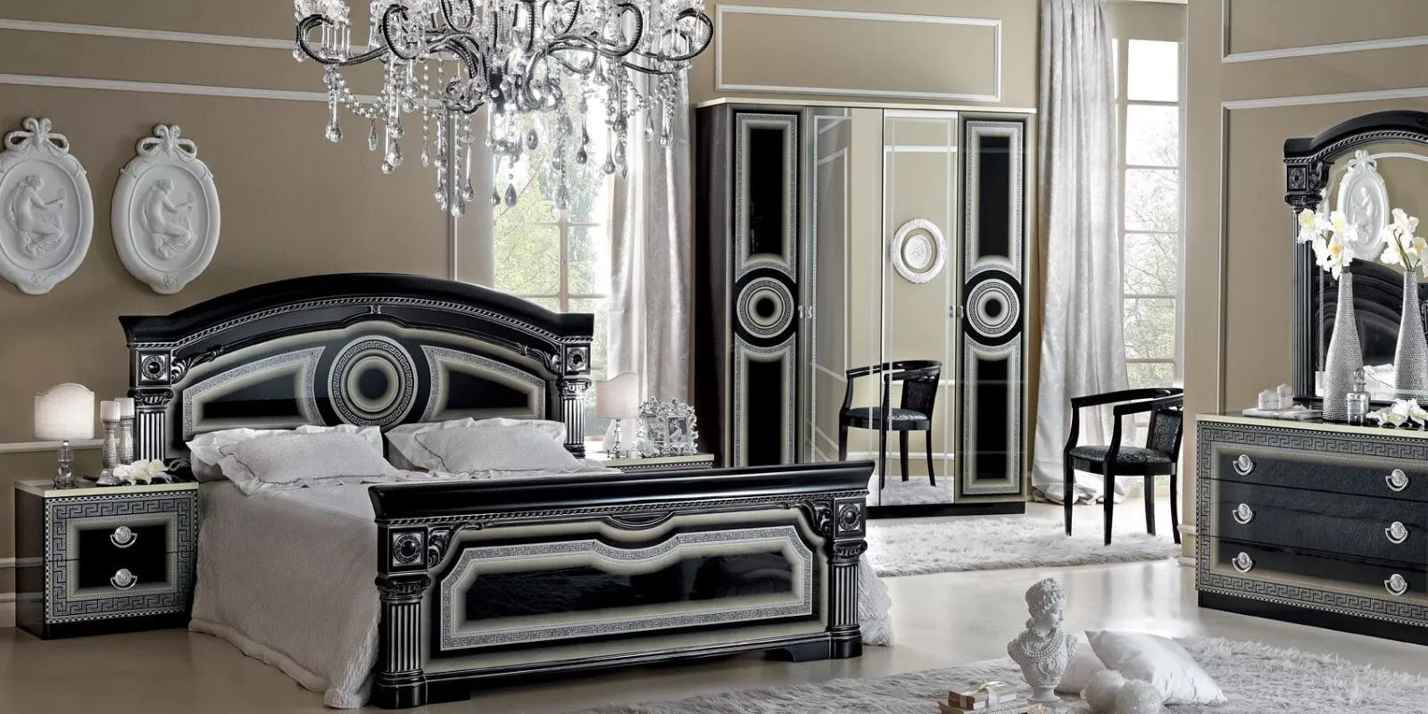 Aida Original High Lacquer Italian 4Doors Black-Silver Bedroom Set Camel Group